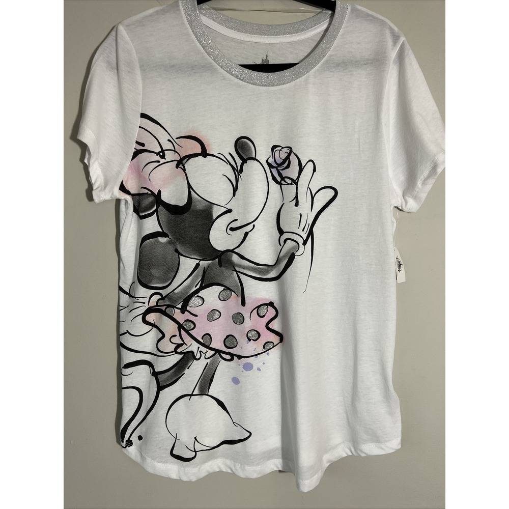 Walt Disney World - Minnie Mouse Tee Shirt Size Large Disney Parks White Glitter